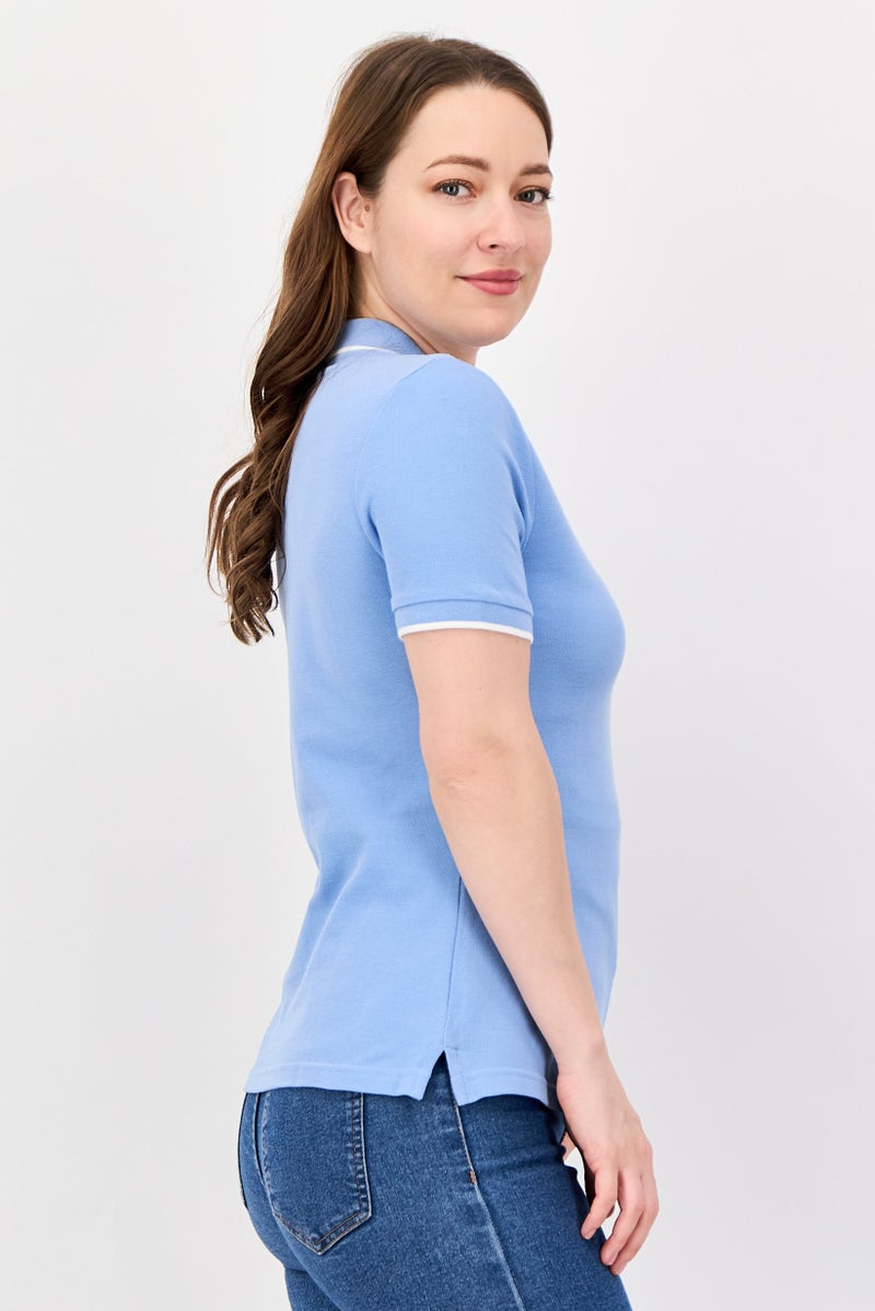 M.S Collection Women V-Neck Short Sleeve Solid Polo Shirt, Blue - Image 2
